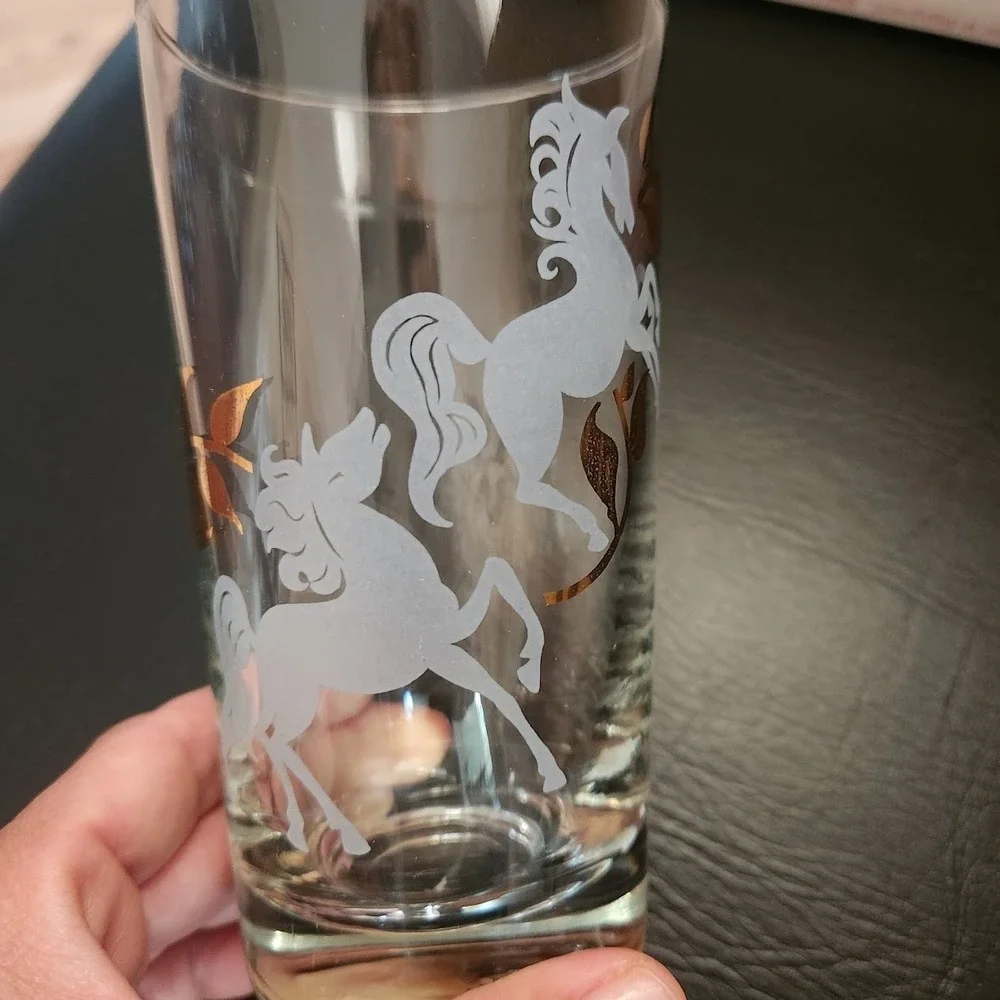 Vintage MCM Libbey Prancing Colts Frosted Highball Glass Set of 8 Barware Gold